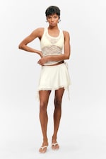 White - Lace-Trim Satin Wrap Mini Skirt - 0