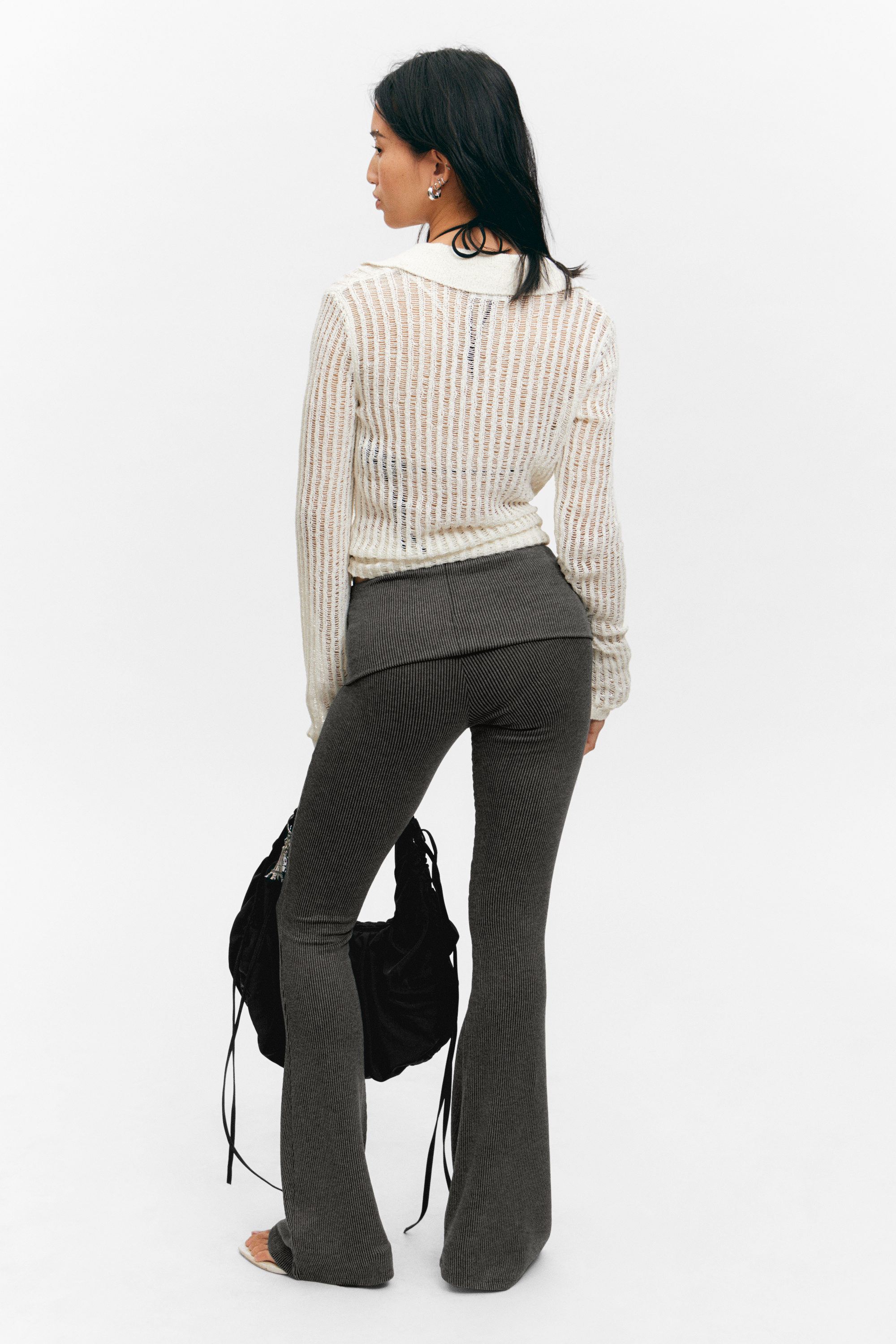 Dark Grey - Low Waist Flared Ribbed Trousers - 3