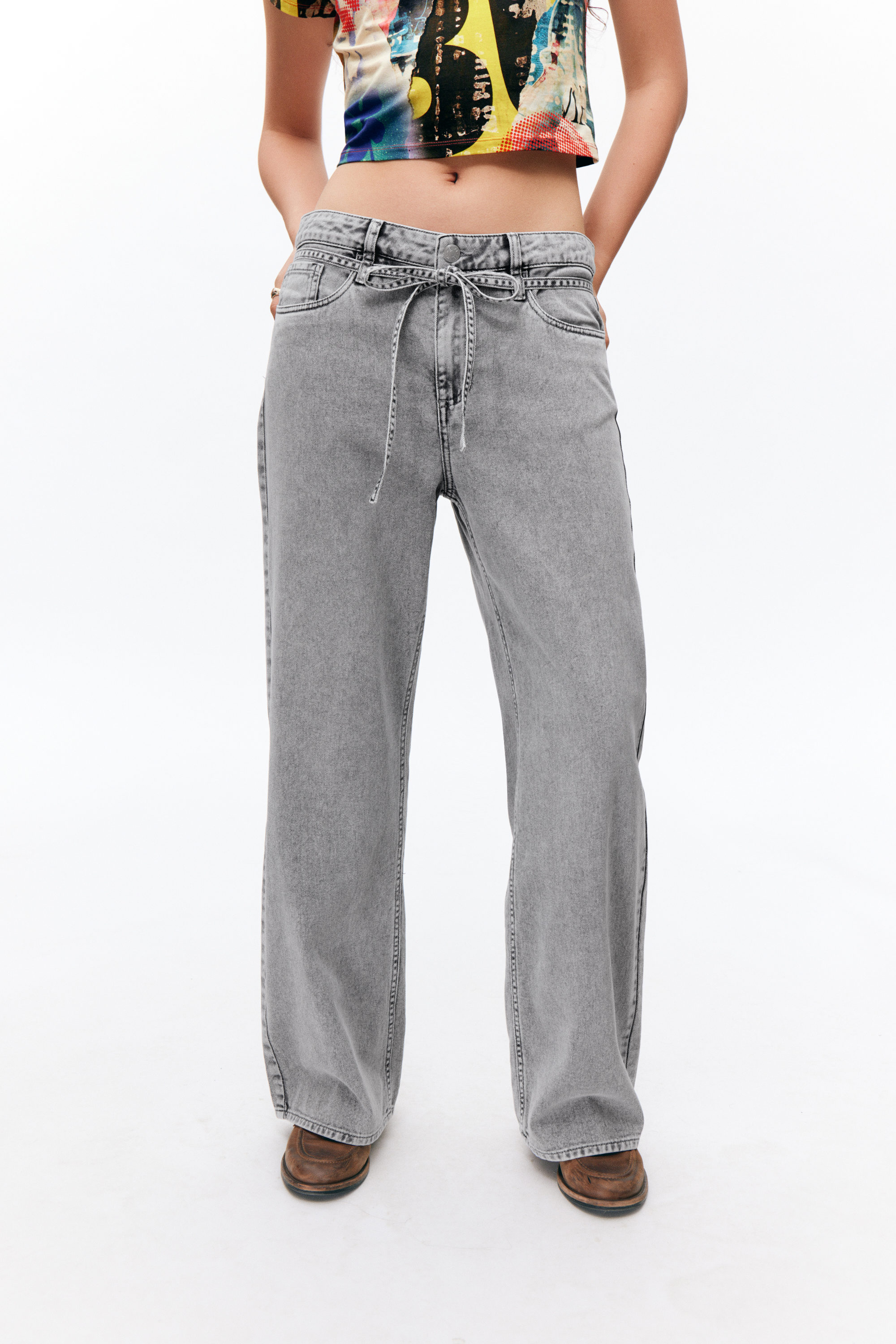 Dusty Grey Overdye - Low Waisted Relaxed Twill Trousers - 2