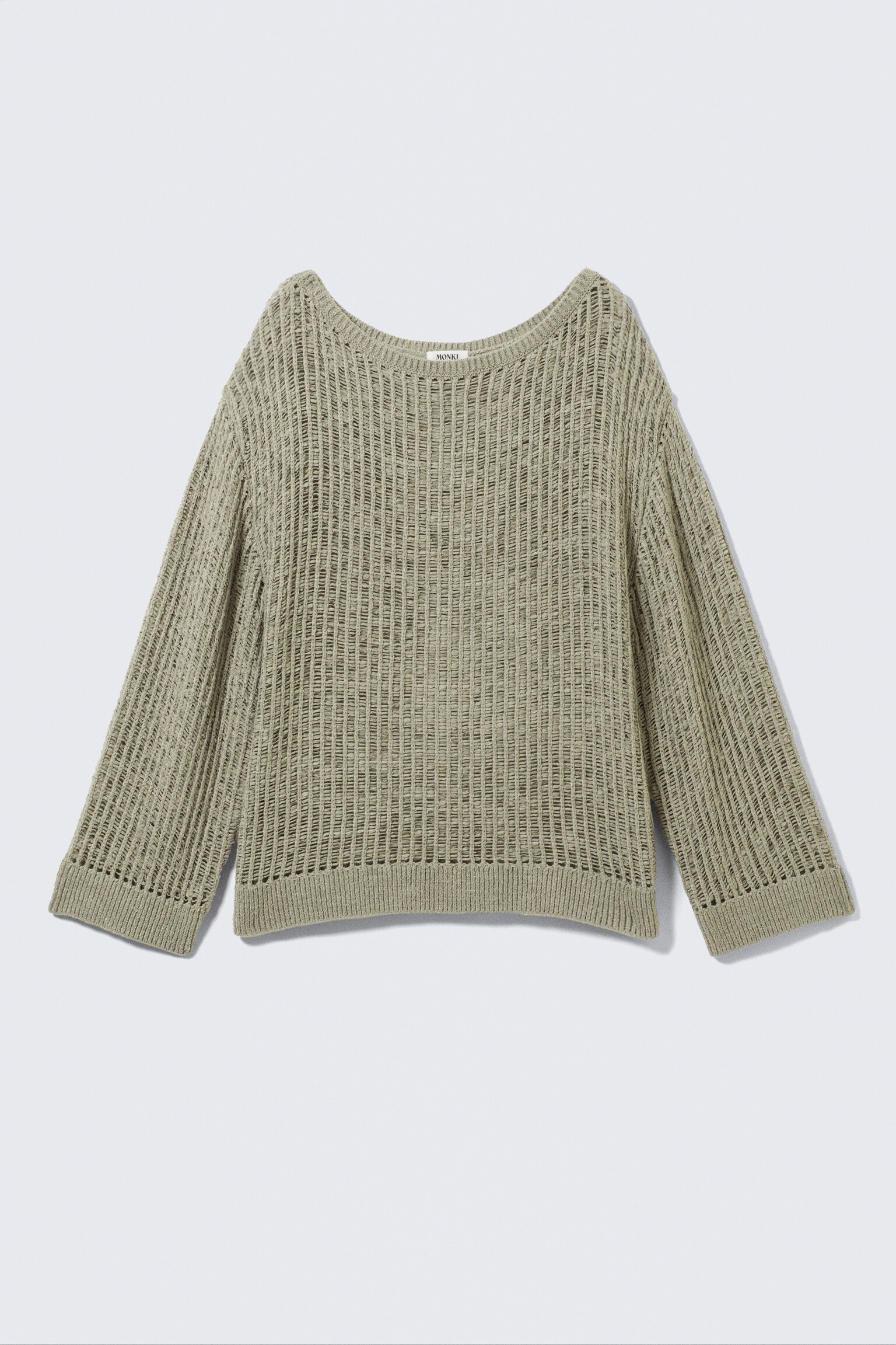 Loose Open-Knit Side Slit Sweater - Khaki Green/White/Light Blue - 2