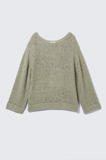 Khaki Green - Loose Open-Knit Side Slit Sweater - 0