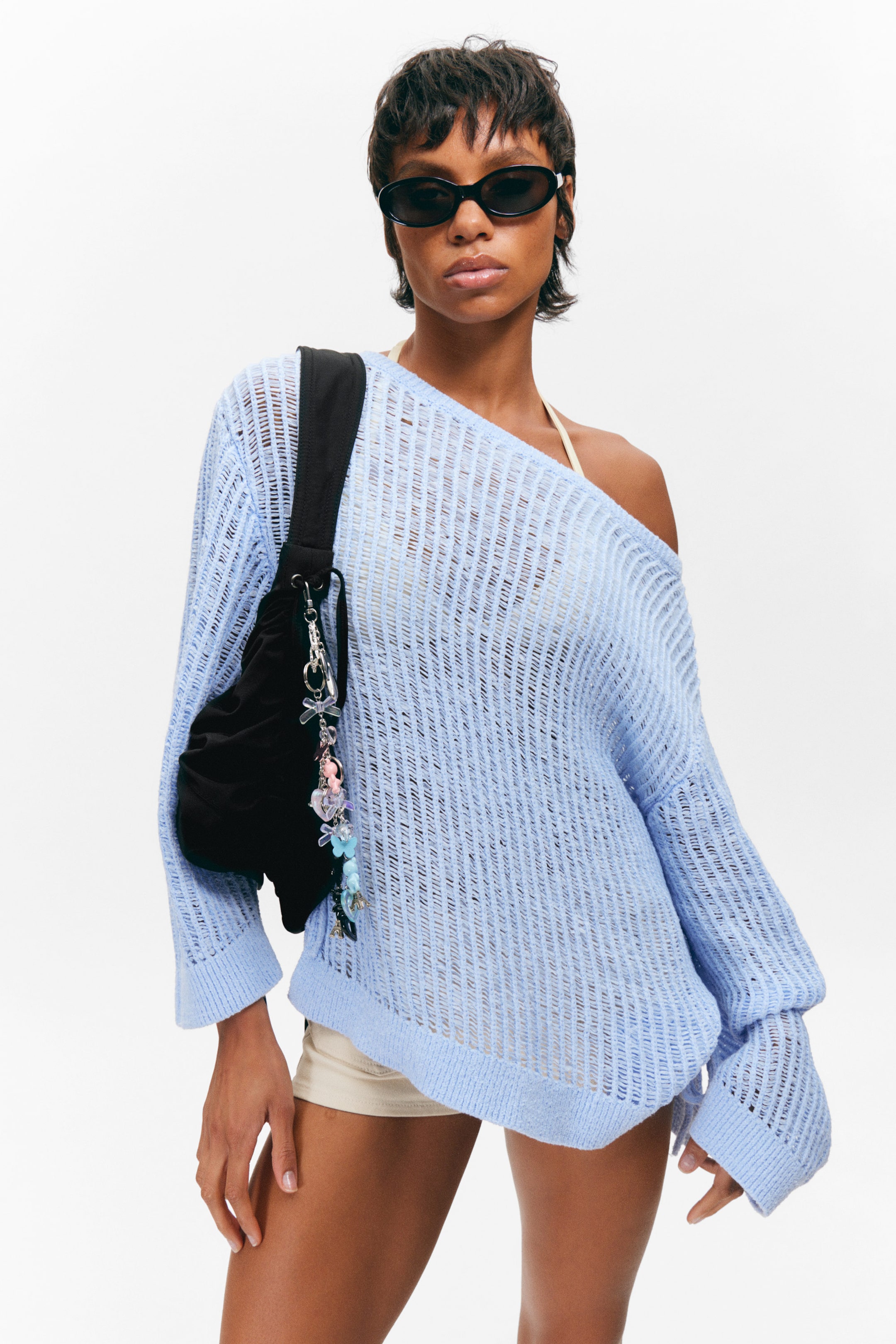 Light Blue - Loose Open-Knit Side Slit Sweater - 1