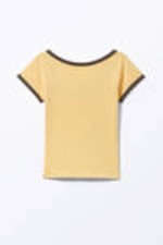 Yellow - Brown Binding - Short-Sleeved Cowl Neck Top - 3