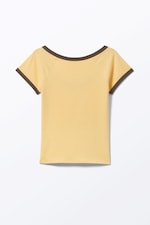 Yellow - Brown Binding - Short-Sleeved Cowl Neck Top - 0
