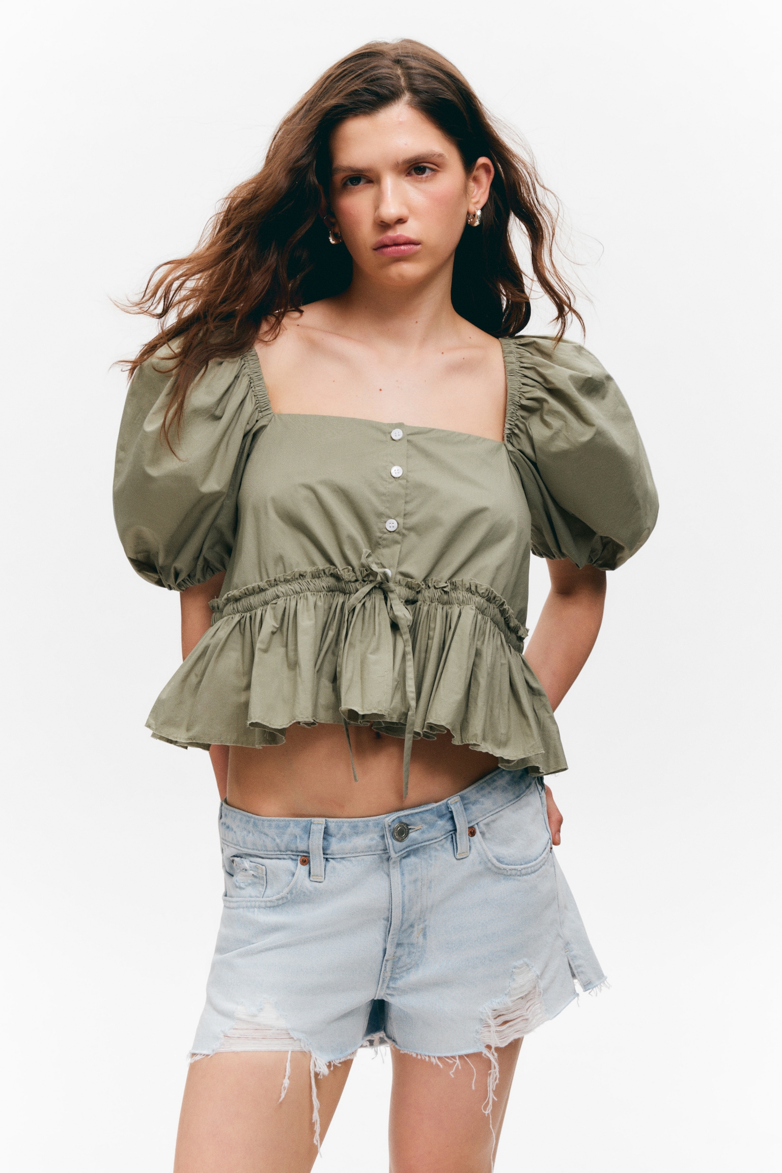Blusa de popelina de algodón con volantes - Verde caqui/Blanco