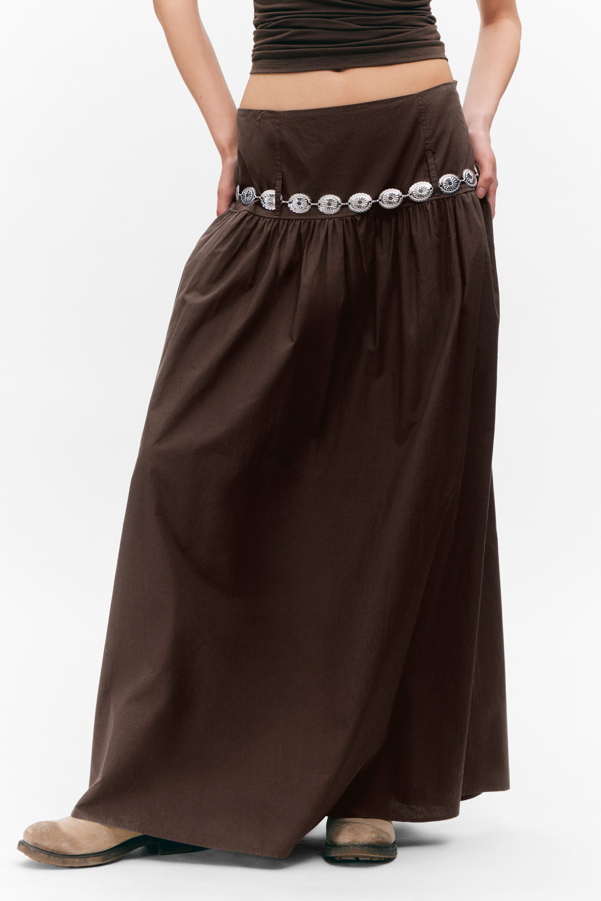 Dark Brown - Gathered Cotton Poplin Maxi Skirt - 2