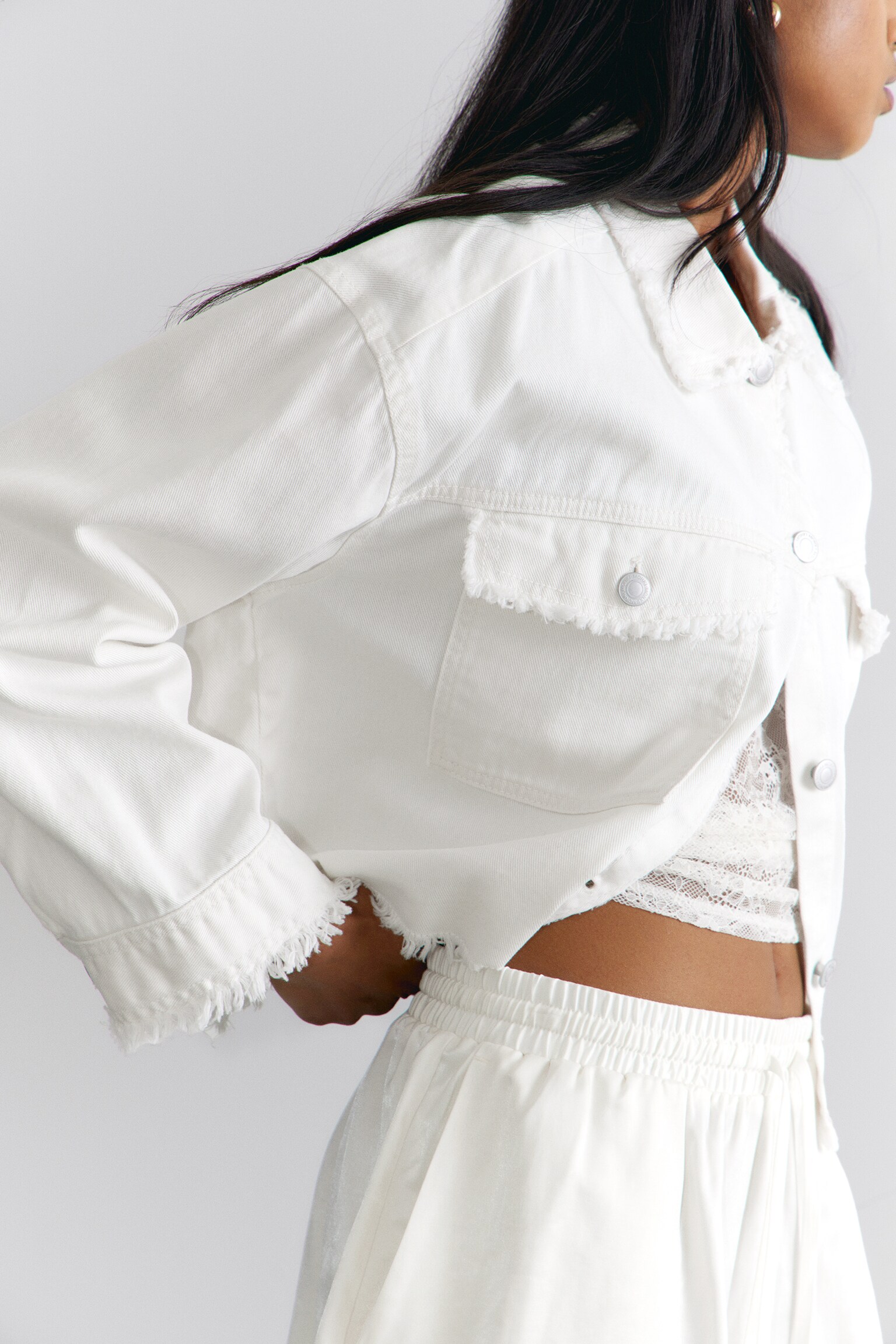 Cropped Boxy Twill Jacket - White/Dark Grey/Khaki Green - 4