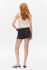 Smoky Blue - Dark Blue - Low Rise Raw Hem Mini Denim Shorts - 4