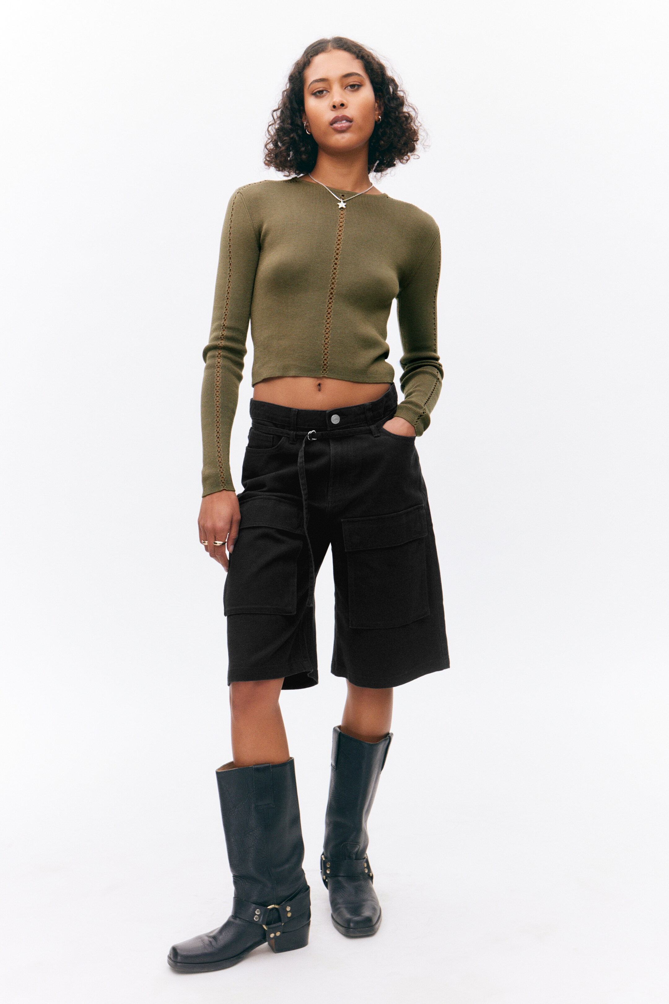Προβολή μεγαλύτερης εικόνας: Long-Sleeved Knitted Cut-Out Detailed Top - Khaki Green - Ladies | H&M GR 2