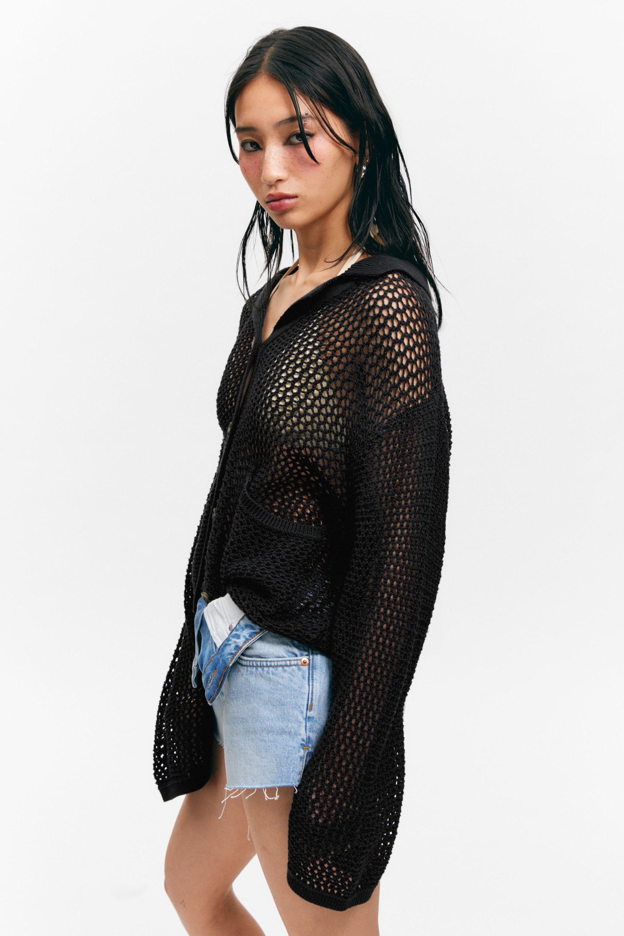 Black - Open-Knit Button-Up Cardigan - 3