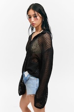 Black - Open-Knit Button-Up Cardigan - 3