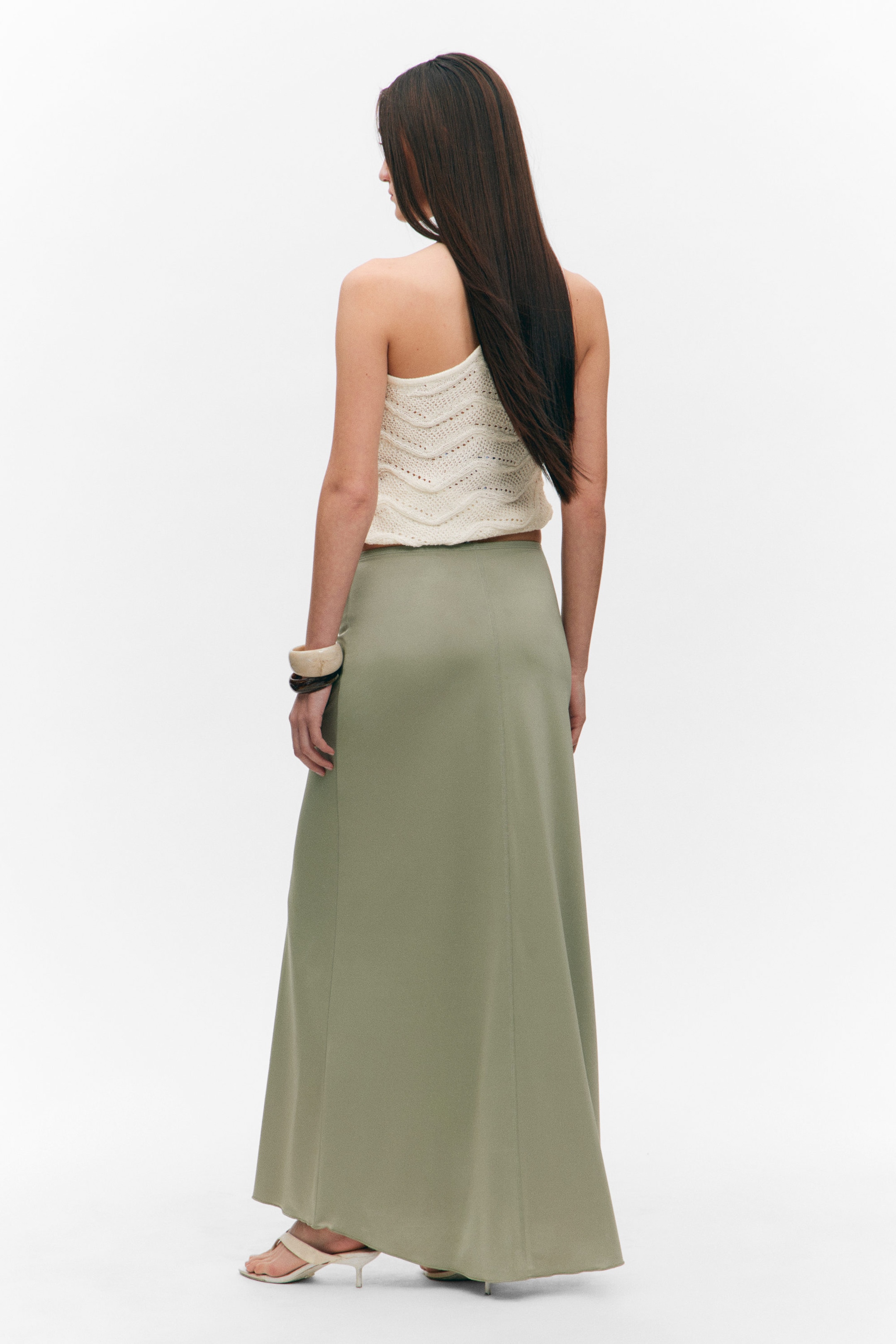 Khaki Green - Flowy High-Low Maxi Skirt - 2