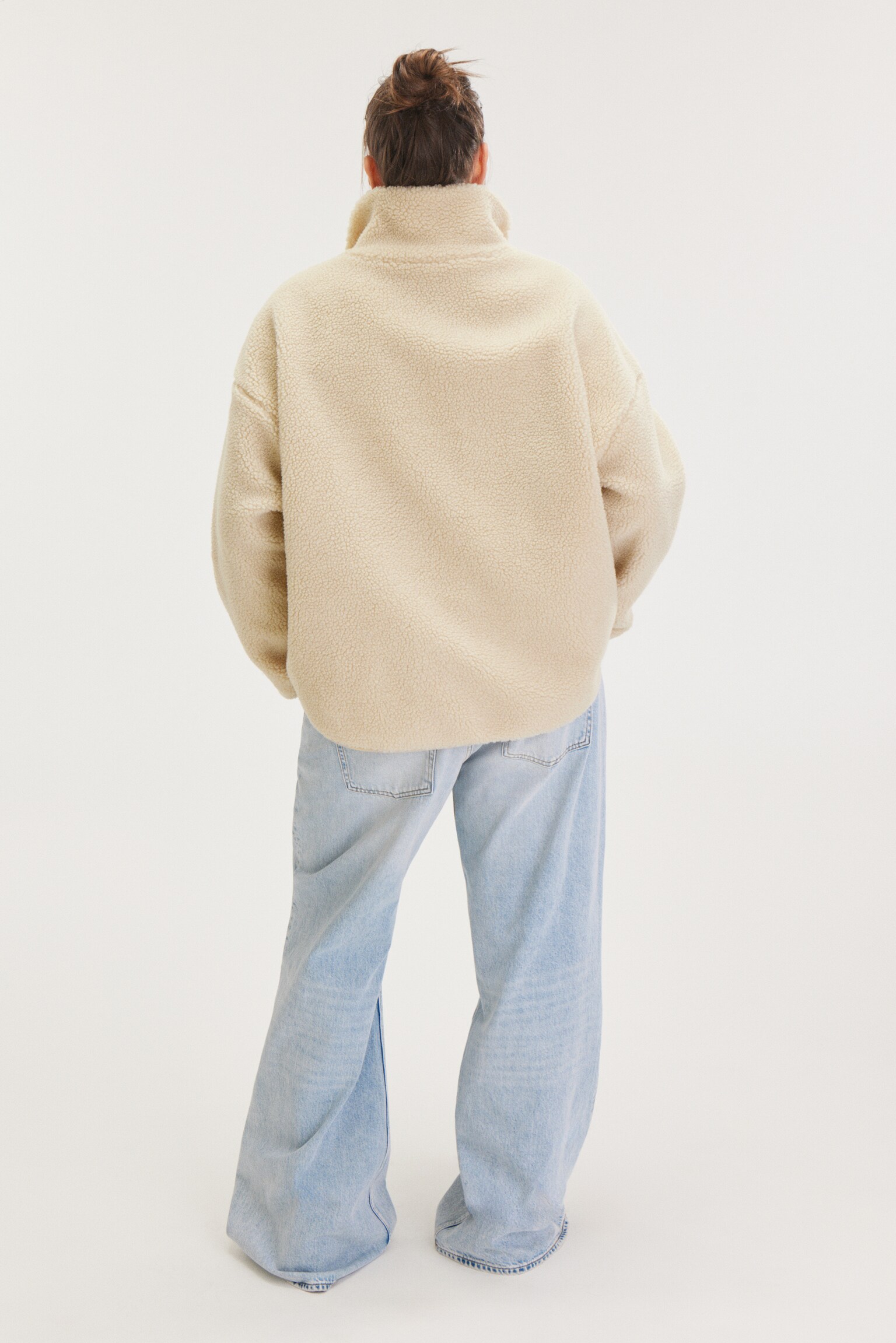 Loose Fleece Zip Jacket - Dusty White - Pink Lining/White/Khaki/Pink/Brown/White/Yellow - 4