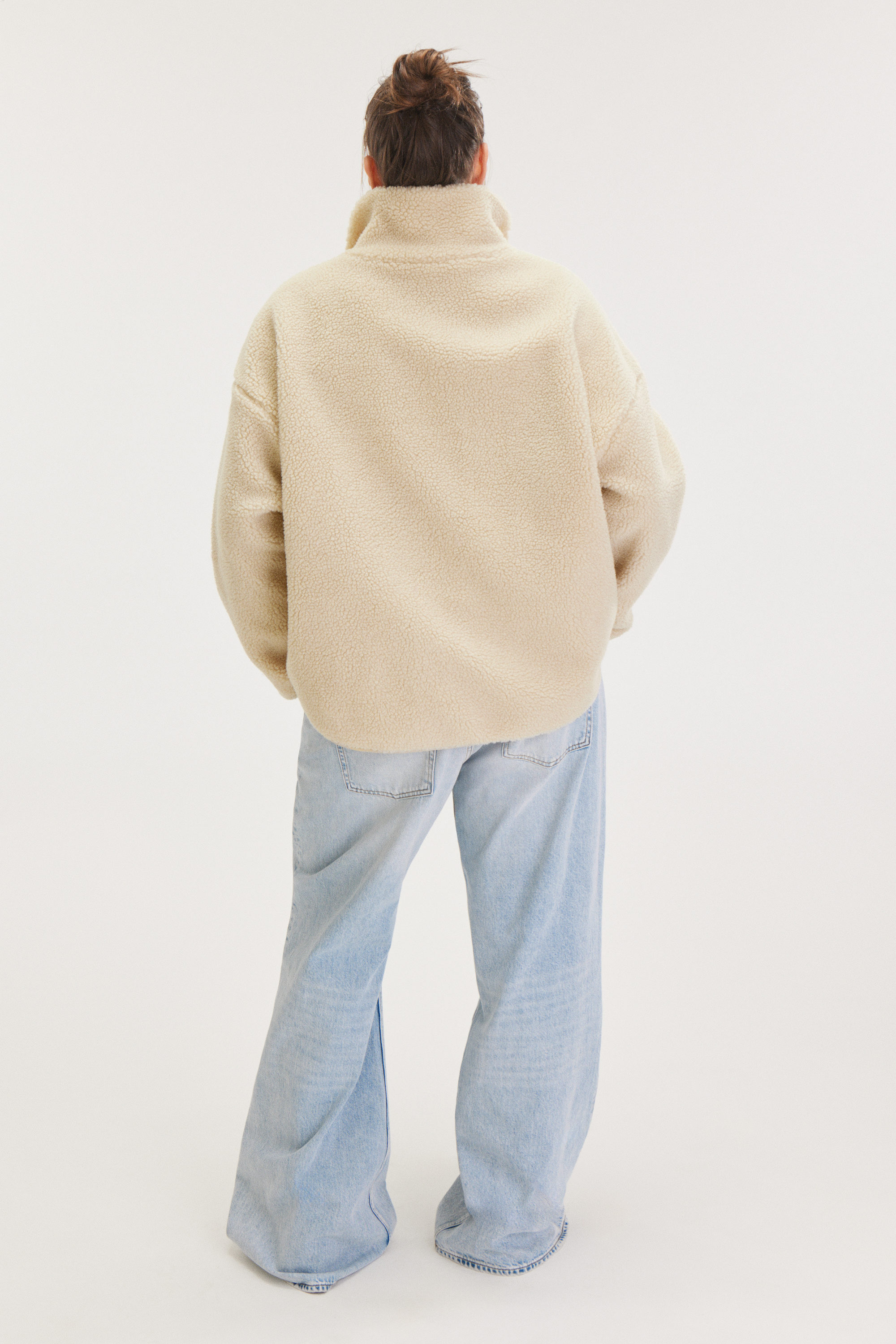 Dusty White - Pink Lining - Loose Fleece Zip Jacket - 3