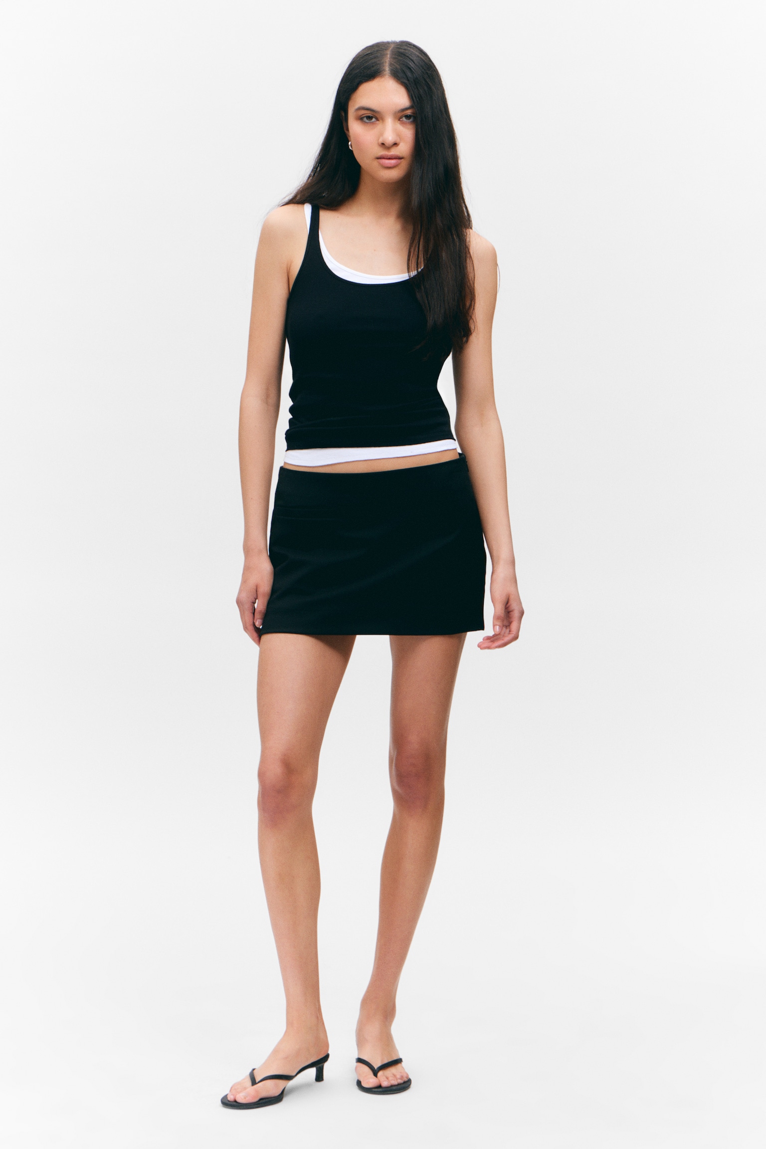 Low Waisted Mini Suiting Skirt - Black/Light Grey - Pinstripe - 1