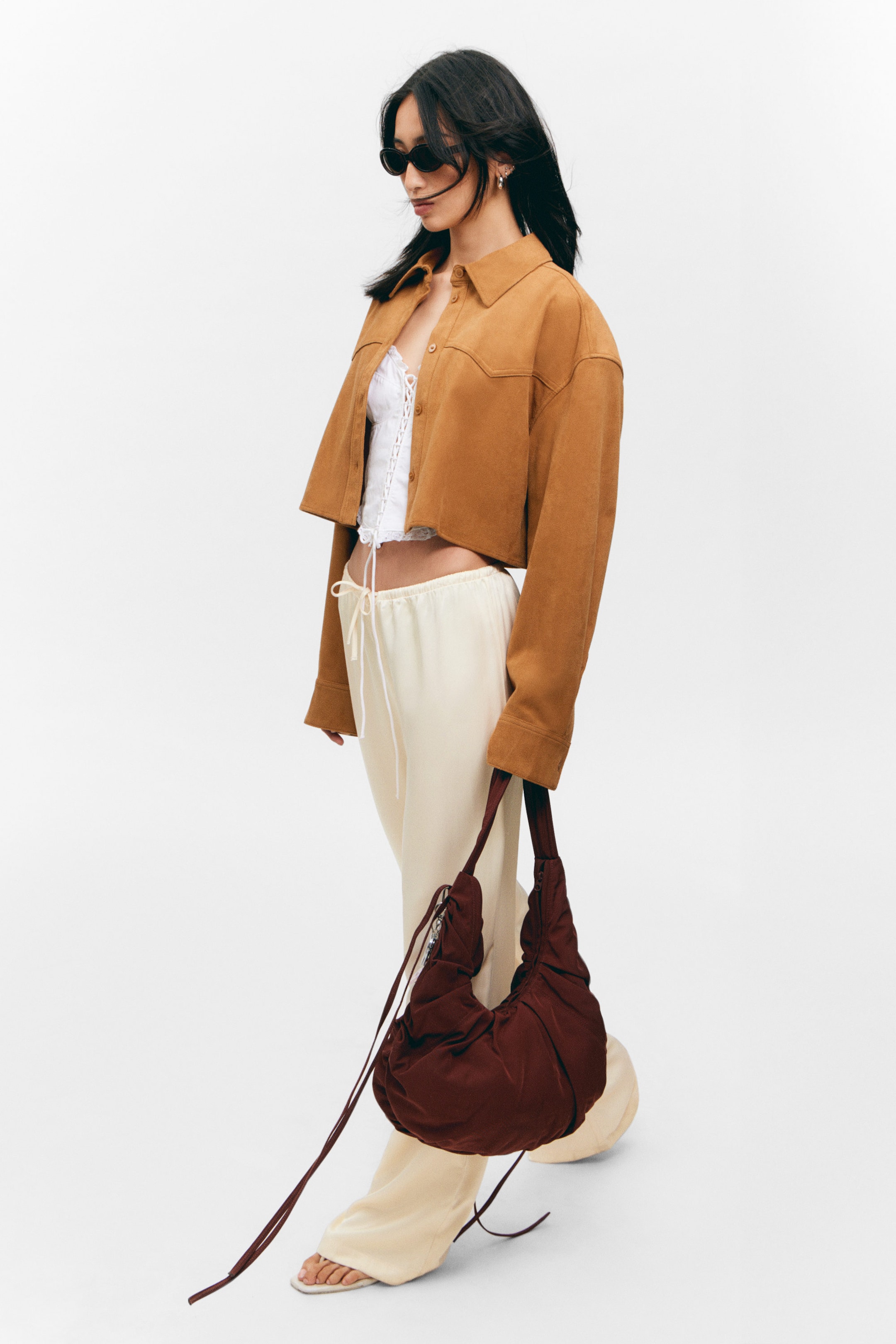 Braun - Cropped Westernhemd aus Wildlederimitat - 3