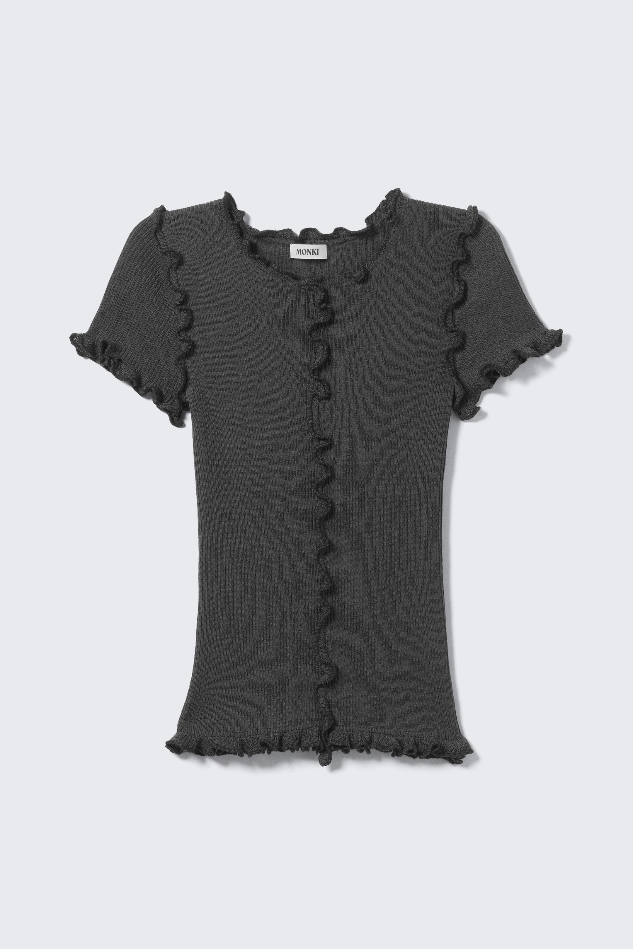 Dark Grey - Frill-Edge Ribbed Knitted Top - 3