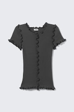 Dark Grey - Frill-Edge Ribbed Knitted Top - 3