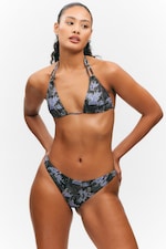 Black/Blue - Newspaper/Flame - Printed Triangle Halter Bikini Top - 0