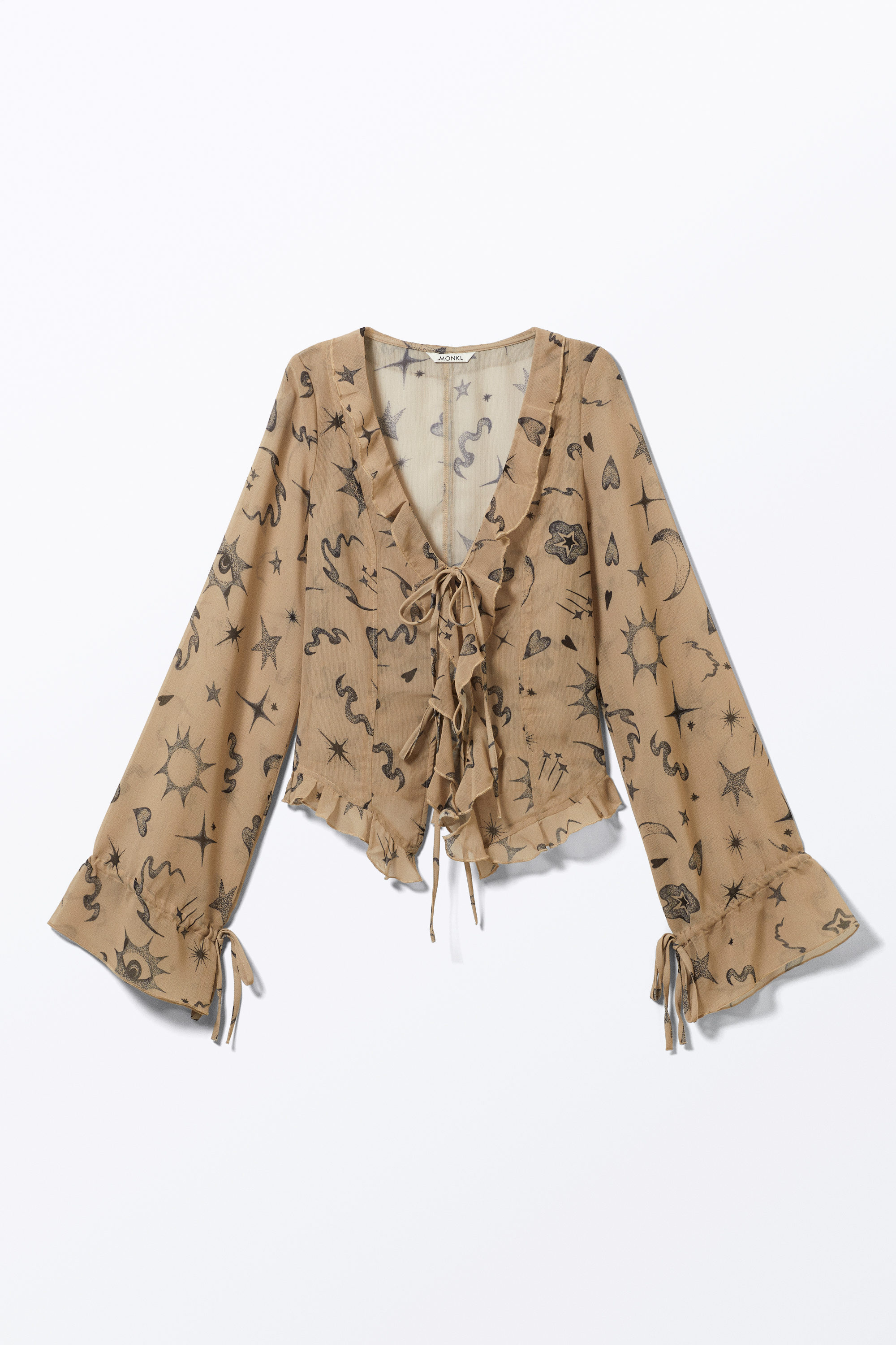 Beige - Astro Pop - Sheer Chiffon Tie Blouse - 3