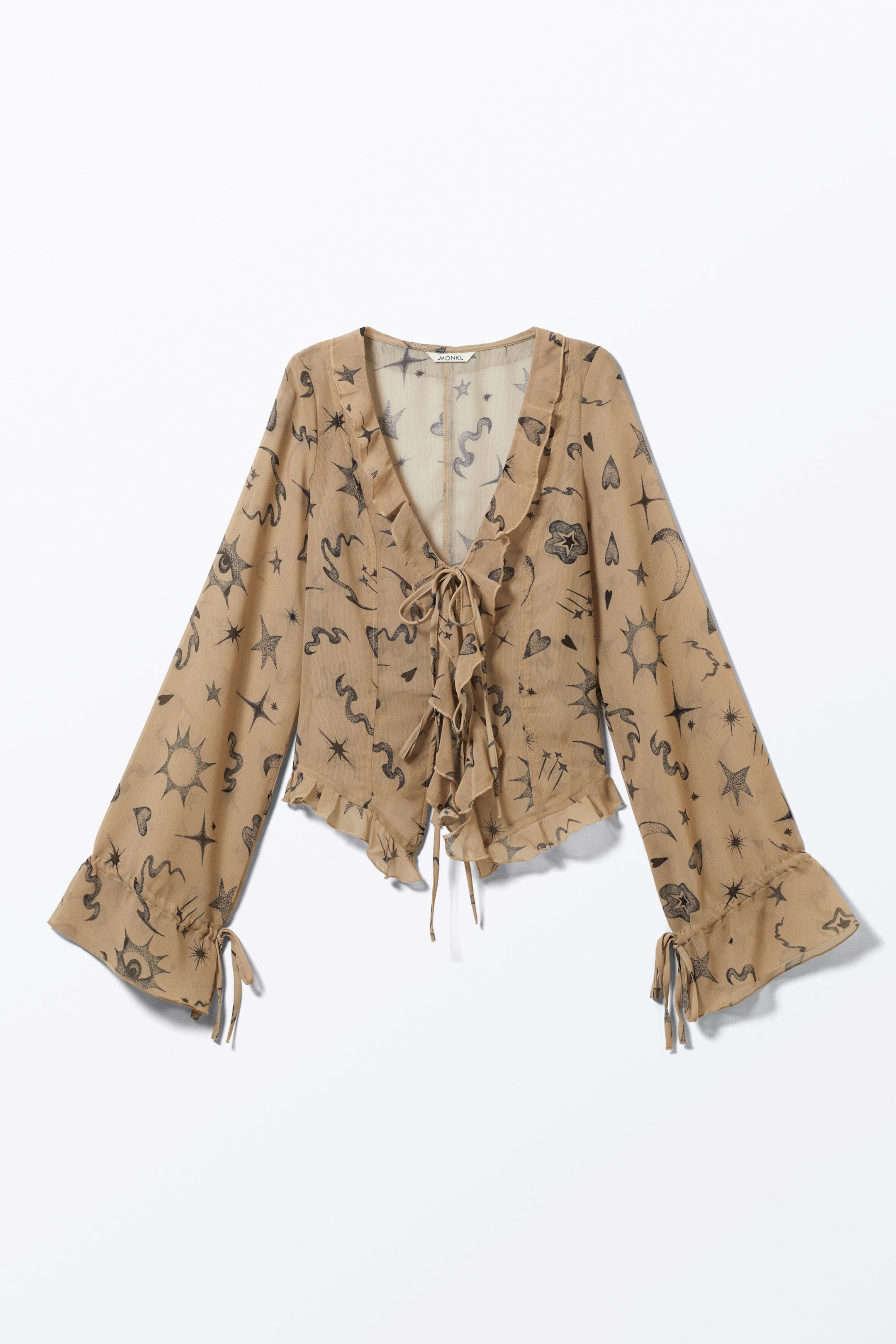 Beige - Astro Pop - Sheer Chiffon Tie Blouse - 0
