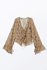 Beige - Astro Pop - Sheer Chiffon Tie Blouse - 0