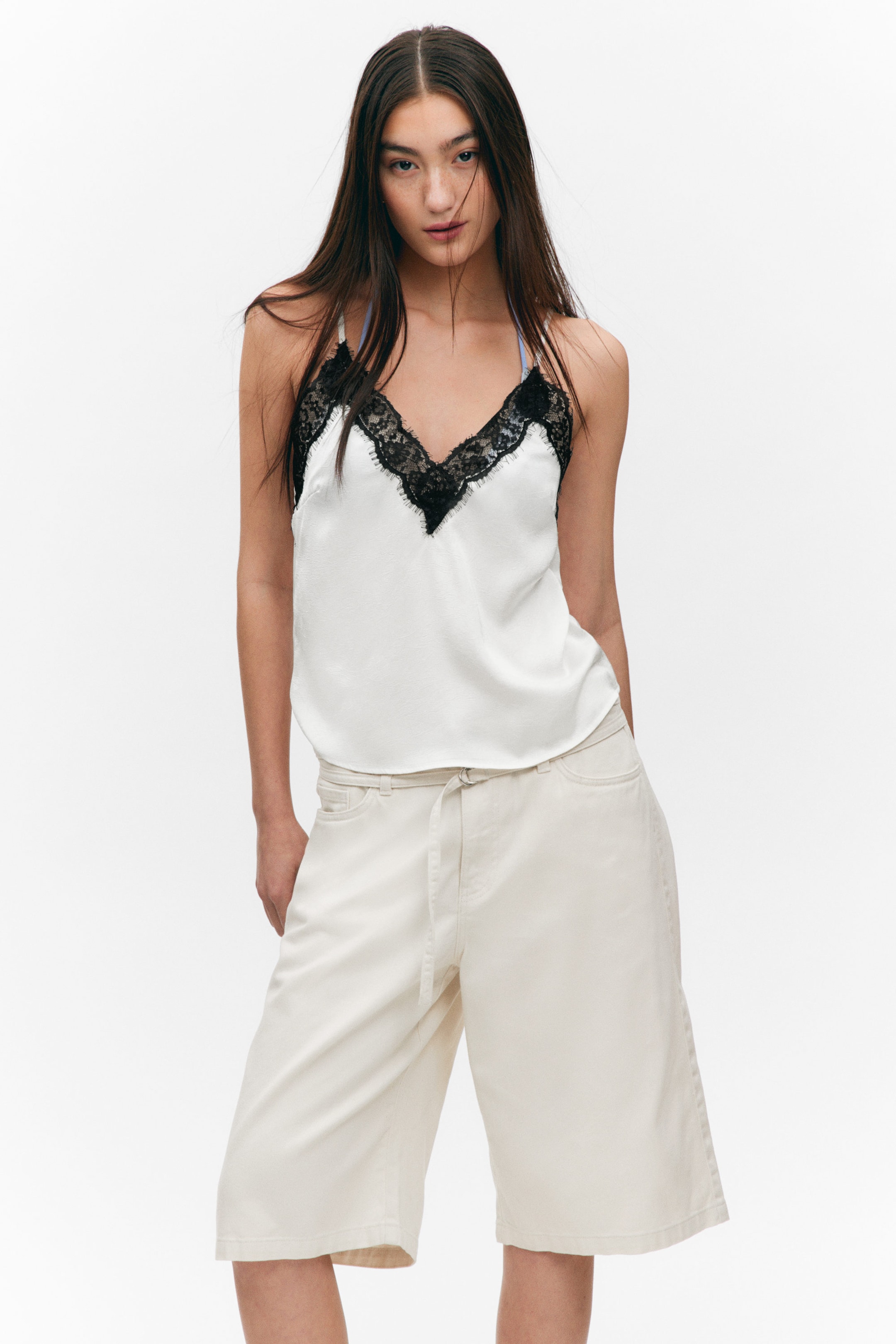 White - Lace-Trimmed Satin Camisole - 1