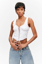 White - Frilled Lace-Up Corset Top - 0