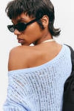 Light Blue - Loose Open-Knit Side Slit Sweater - 1