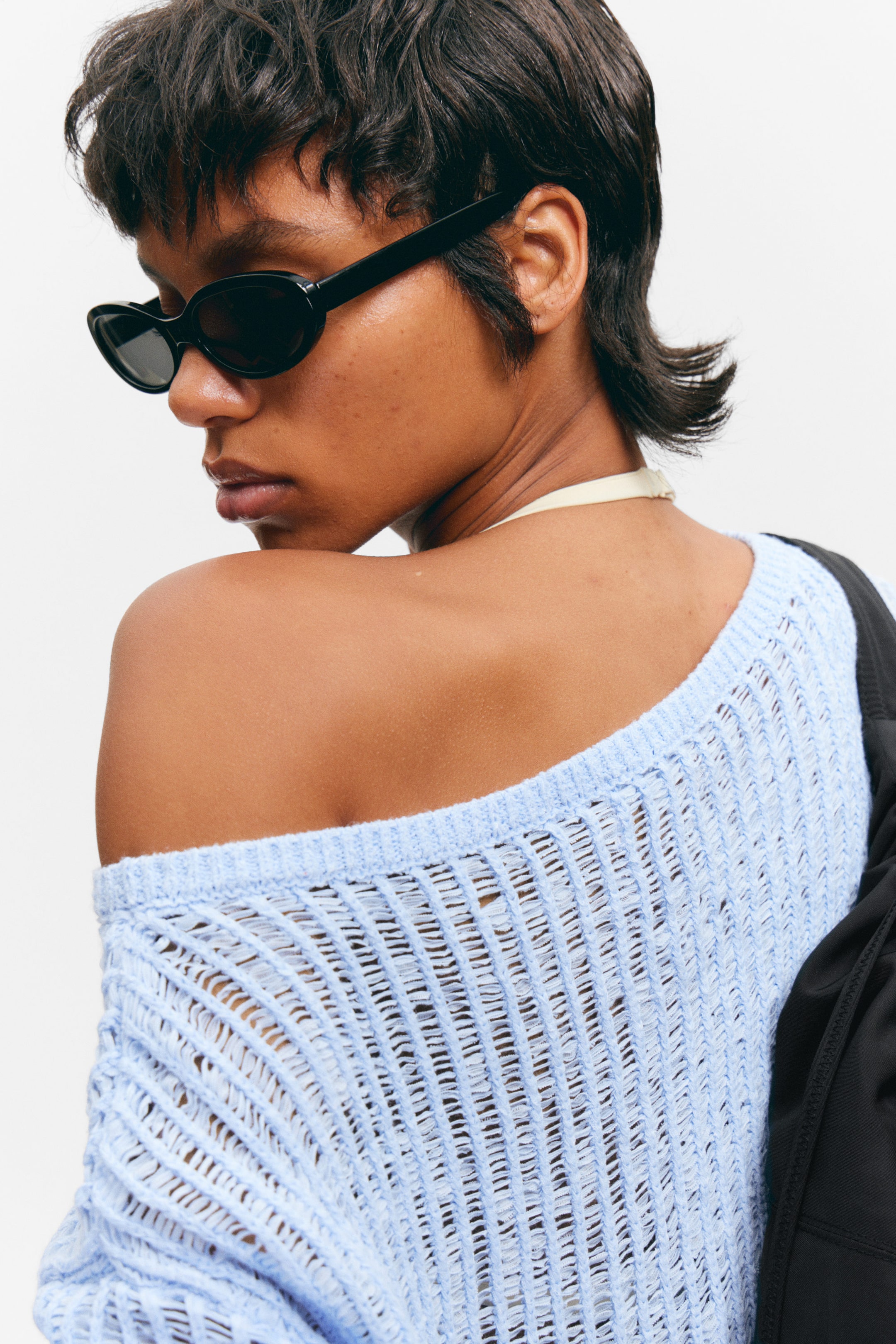 Light Blue - Loose Open-Knit Side Slit Sweater - 2