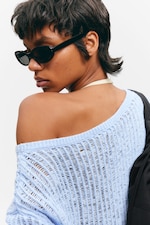 Light Blue - Loose Open-Knit Side Slit Sweater - 1