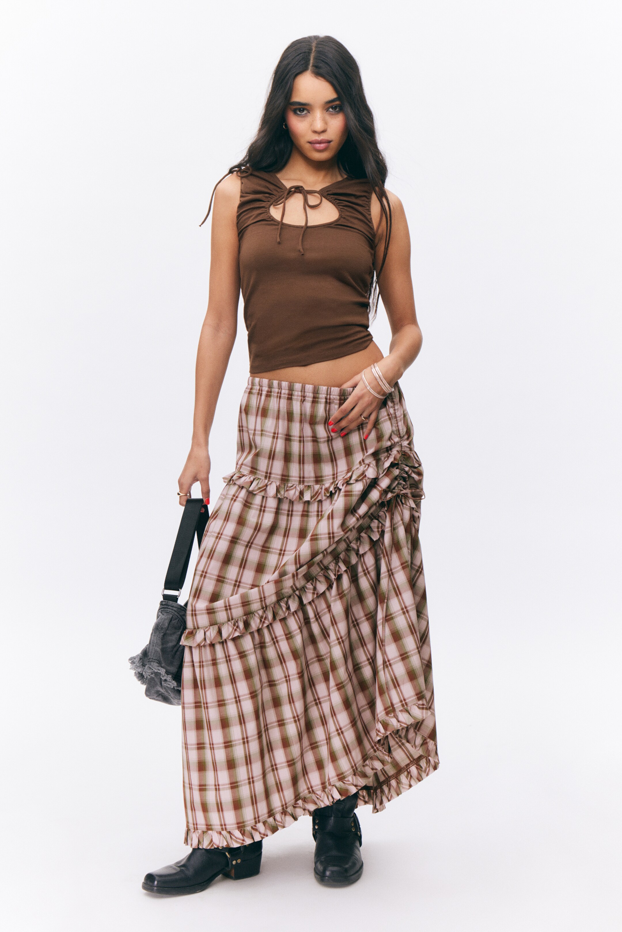 Visa större bild: Maxikjol med volang i bomull - Rutig rosa - DAM | H&M SE 1