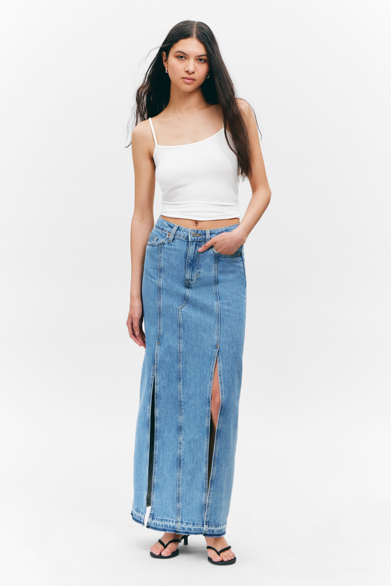 Mid-Waist Split Denim Skirt