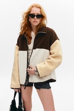 Brown/White/Yellow - Loose Fleece Zip Jacket - 1