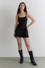 Black - Belted Pleated Mini Dress - 1