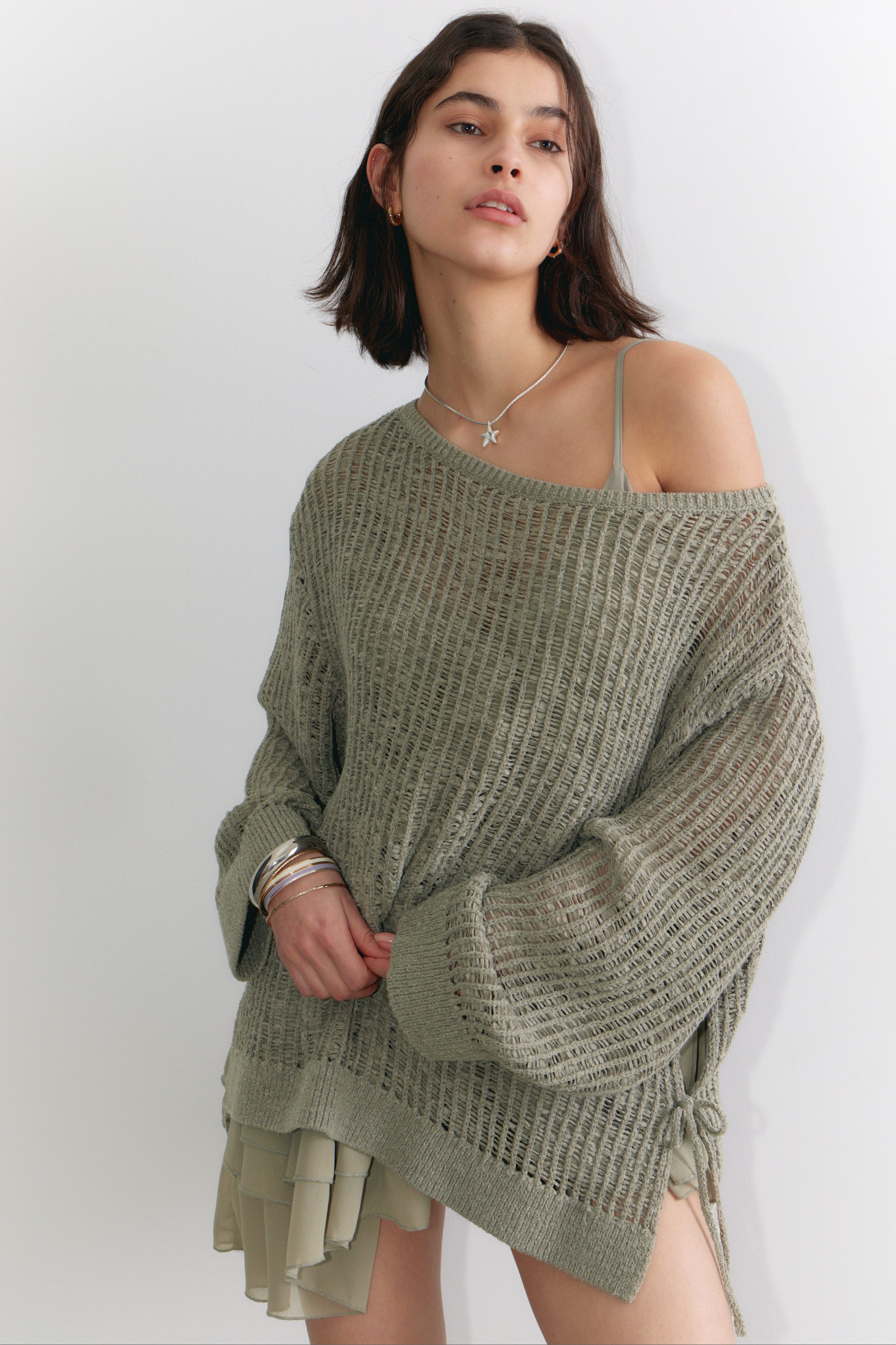 Khaki Green - Loose Open-Knit Side Slit Sweater - 2