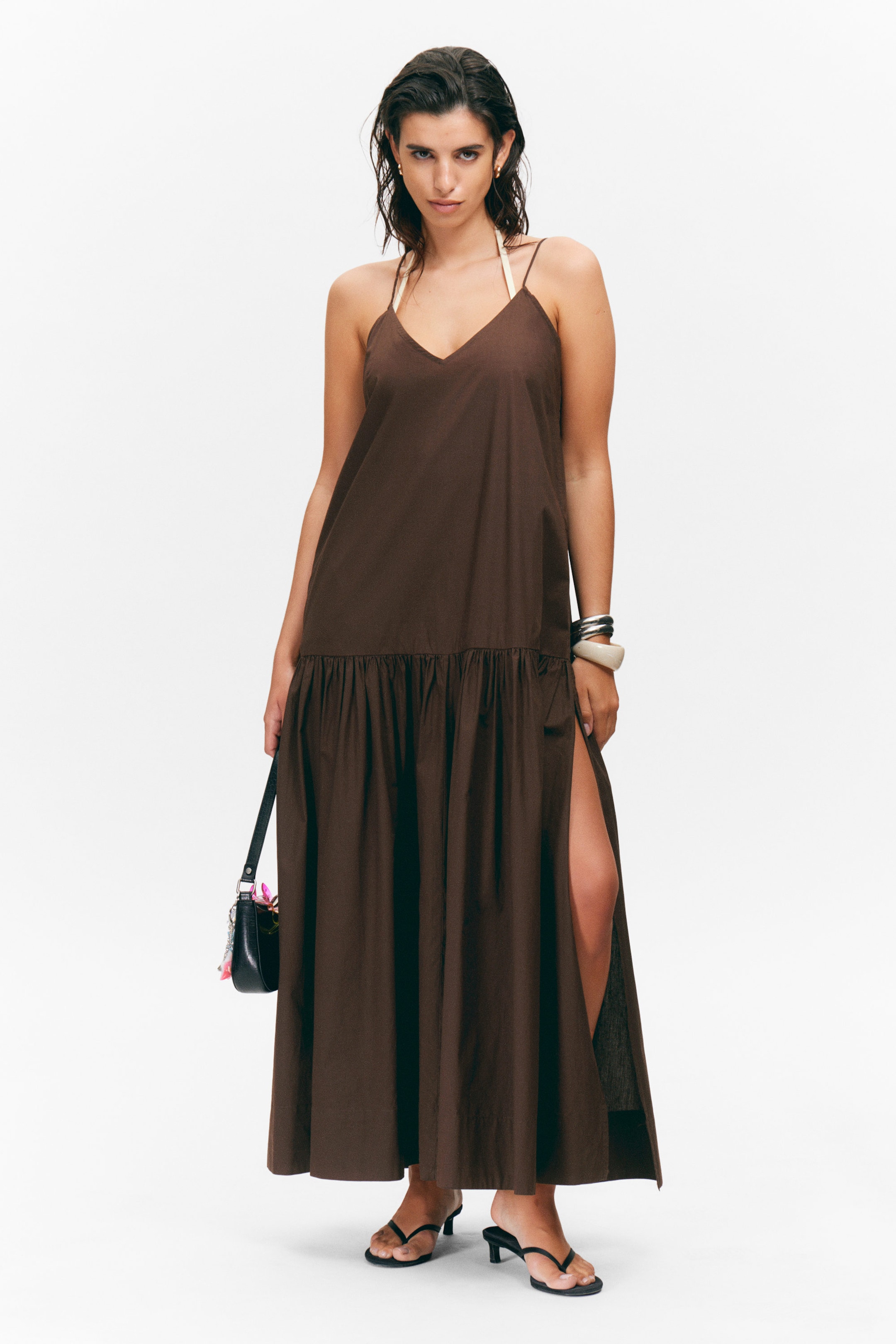 Dark Brown - Tiered Cotton Poplin Maxi Dress - 0