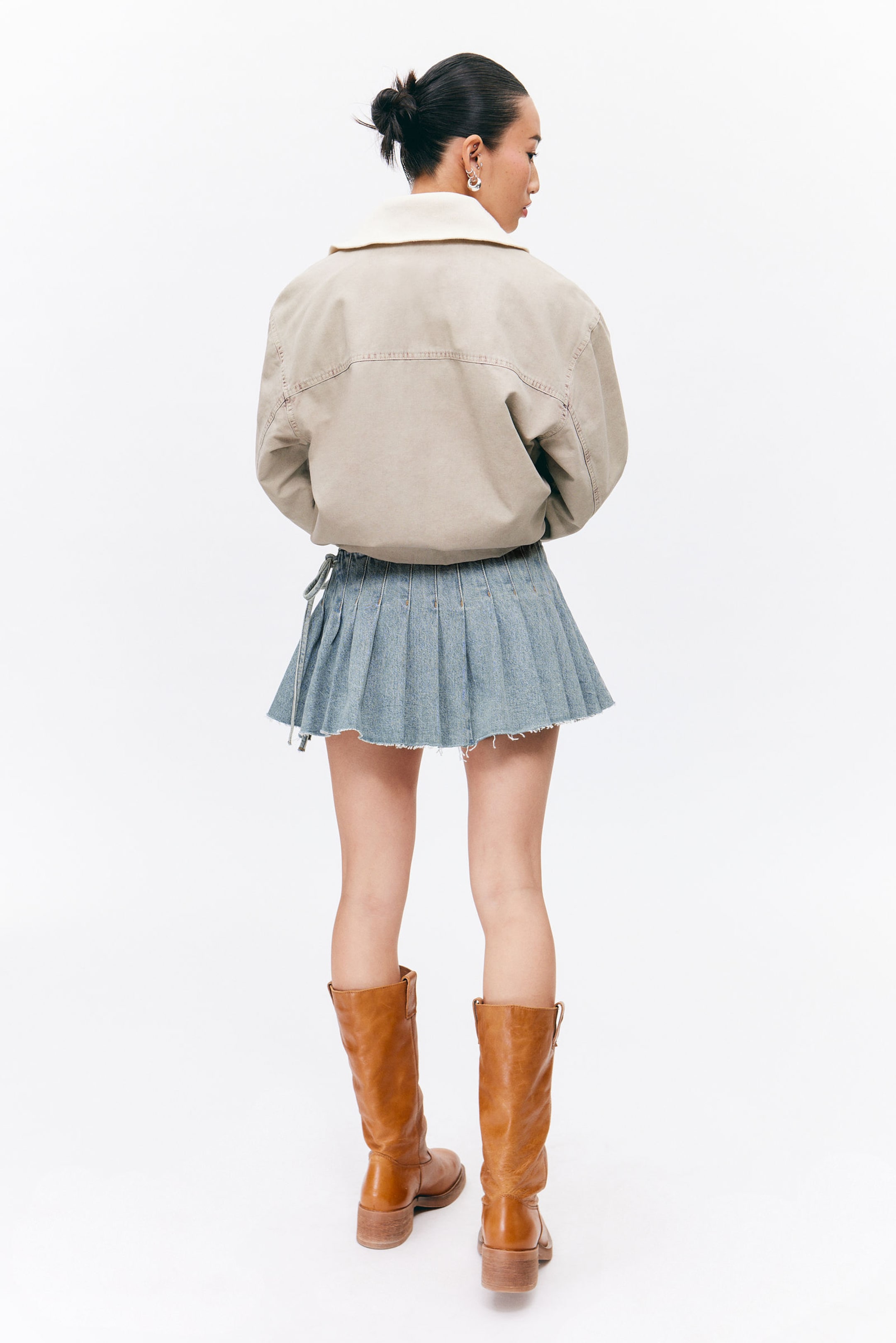 Mid Blue - Pleated Mini Denim Wrap Skirt - 3