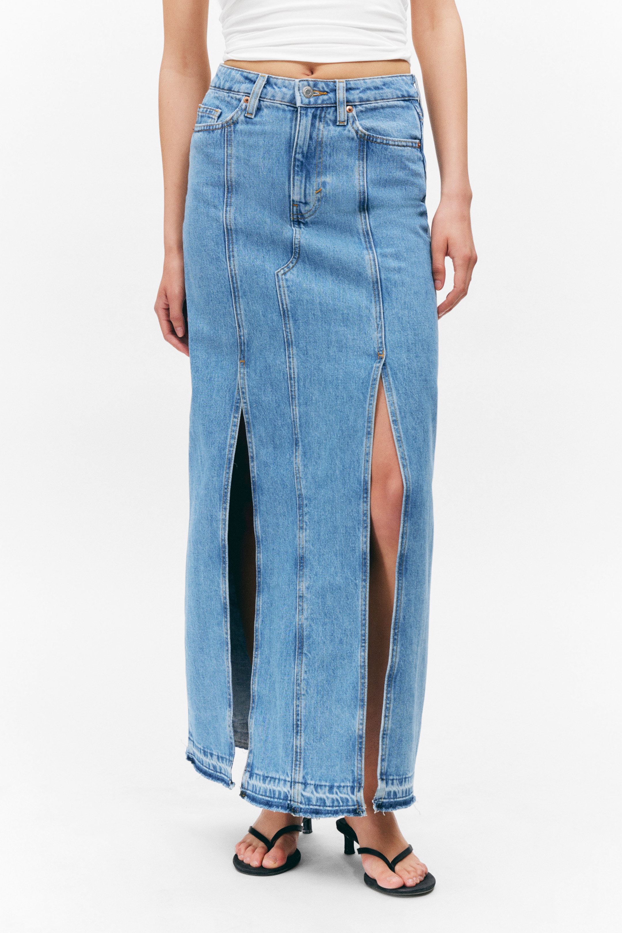 Fresh Blue - Medium Blue - Mid-Waist Split Denim Skirt - 2