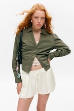 Dark Khaki Green - Cropped Open Back Shirt - 1