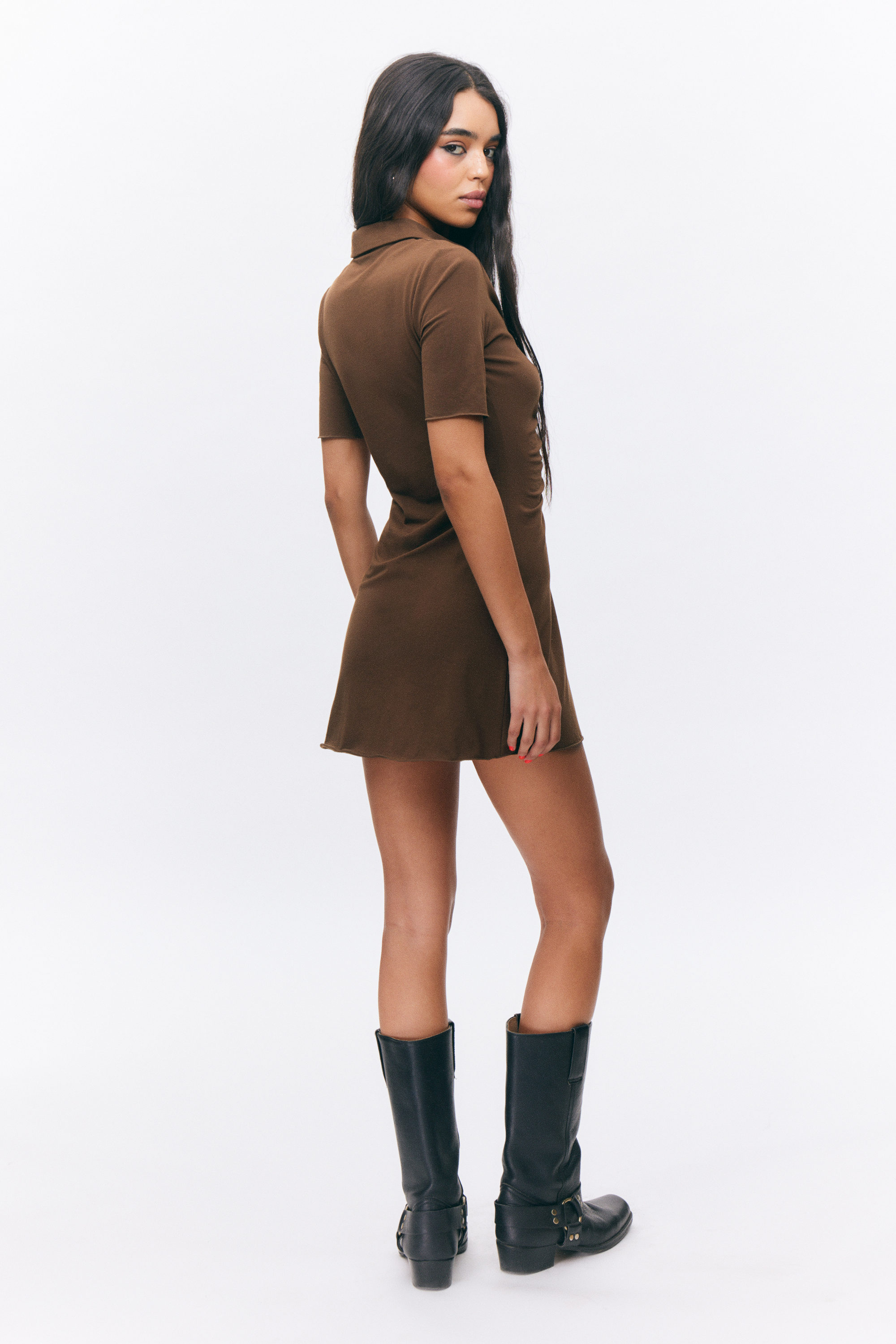 Dark Brown - Short-Sleeved Mini Shirt Dress - 2