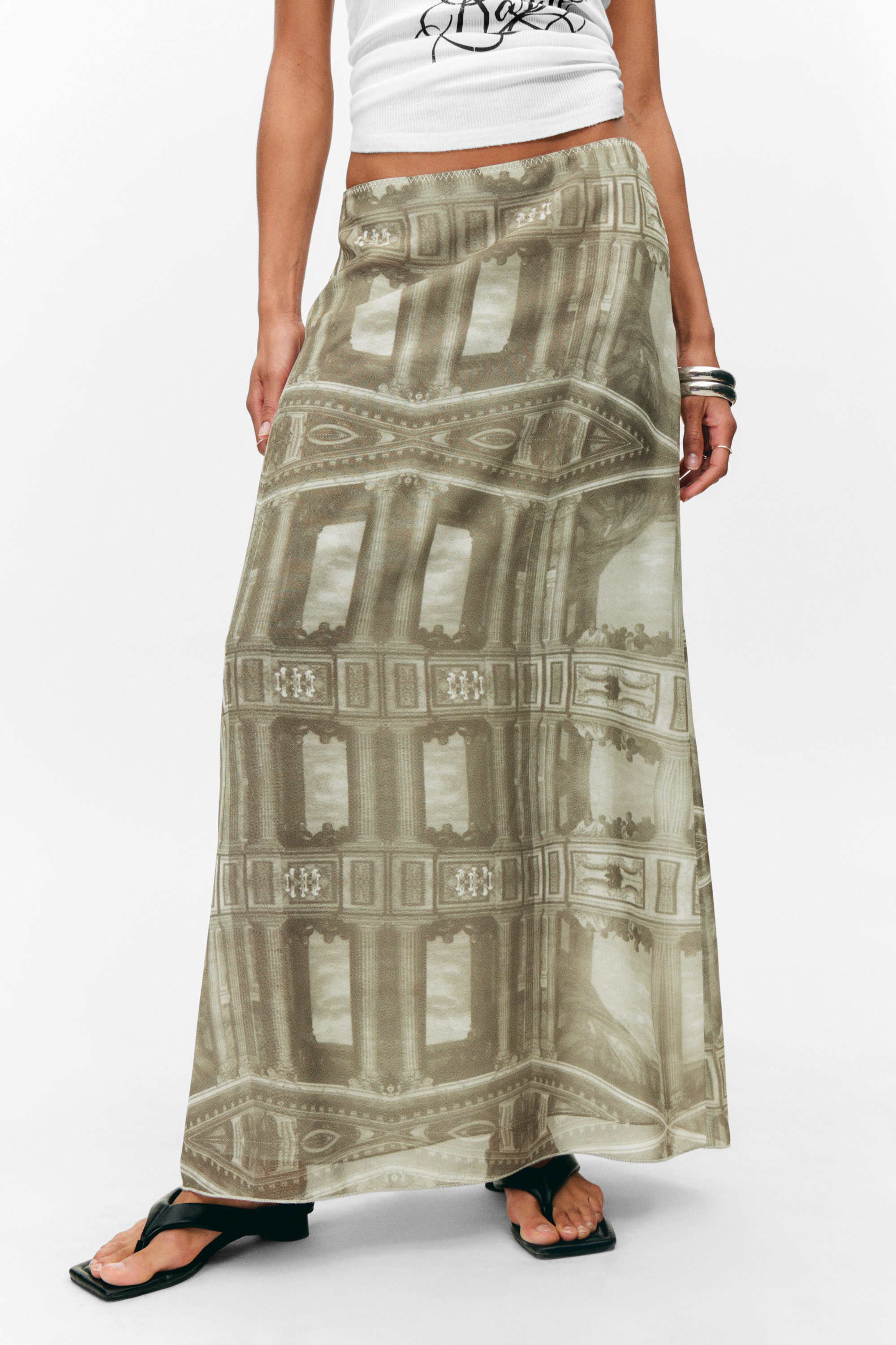 Khaki Green - Baroque Collage - Printed Low Rise Maxi Skirt - 2