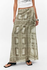 Khaki Green - Baroque Collage - Printed Low Rise Maxi Skirt - 1