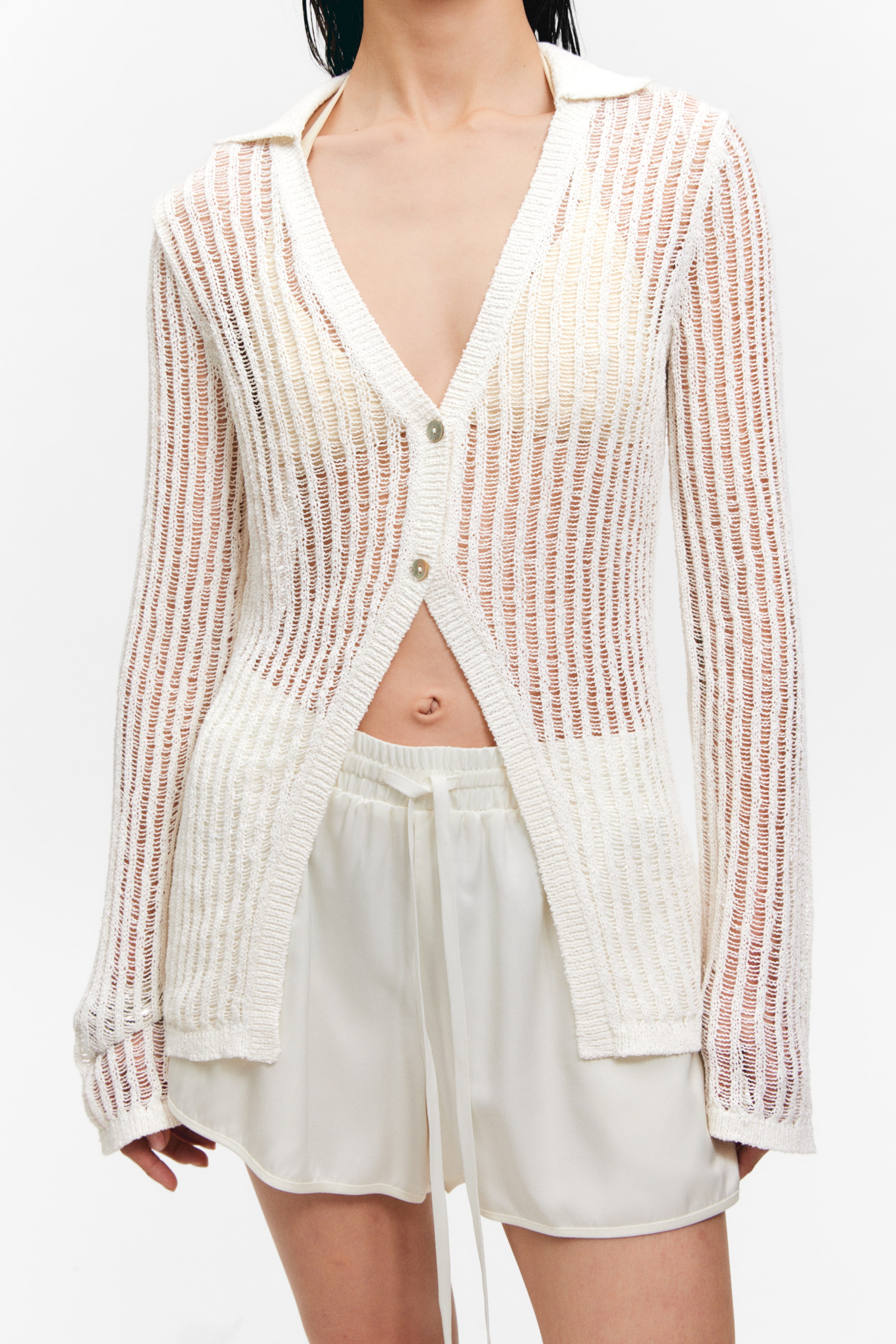 Ingrandisci l'immagine: Open-Knit V-neck Cardigan - Dusty White - DONNA | H&M CH 2