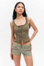 Khakigrün - Korsett-Top aus Twill mit Rüschenbesatz - 0