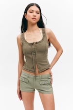 Khaki Green - Frill-Trim Twill Corset Top - 0