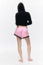 Pink - Black Lace - Mini Lace Satin Shorts - 2