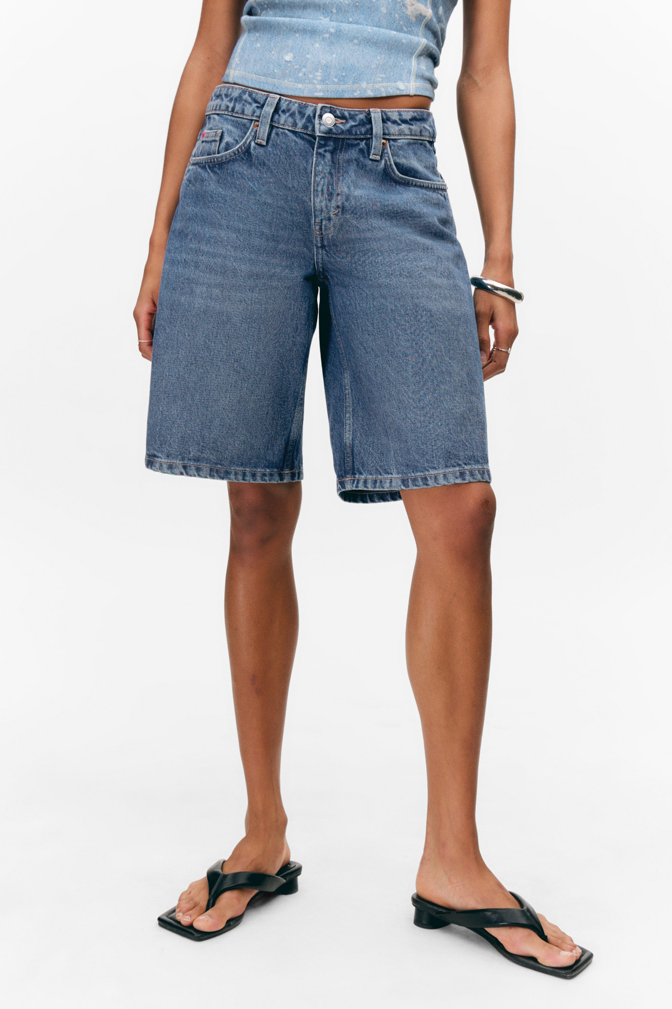 Sunset Blue - Medium Blue - Imoo Low-Rise Wide Leg Denim Shorts - 2