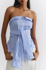 Striped Blue & Pink - Striped Off-Shoulder Tie Front Shirt Top - 1