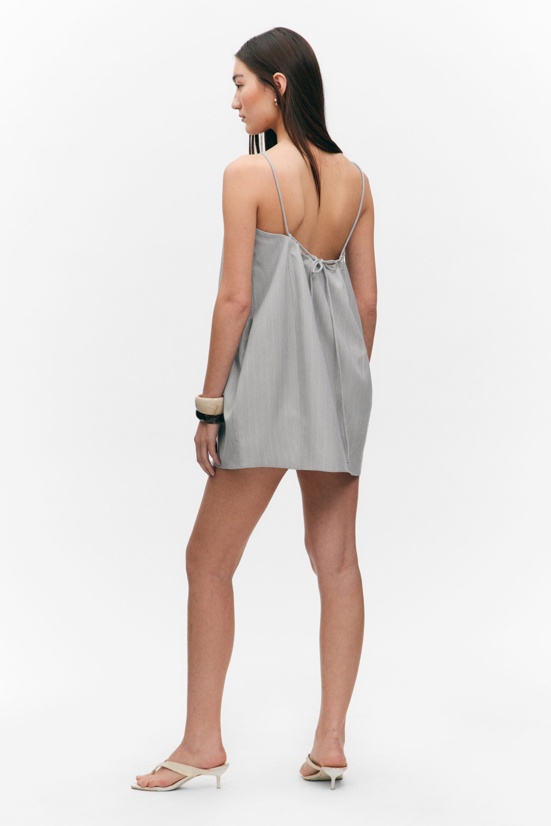 Light Grey - Pinstripe - Tie-Back Twill Mini Dress - 3
